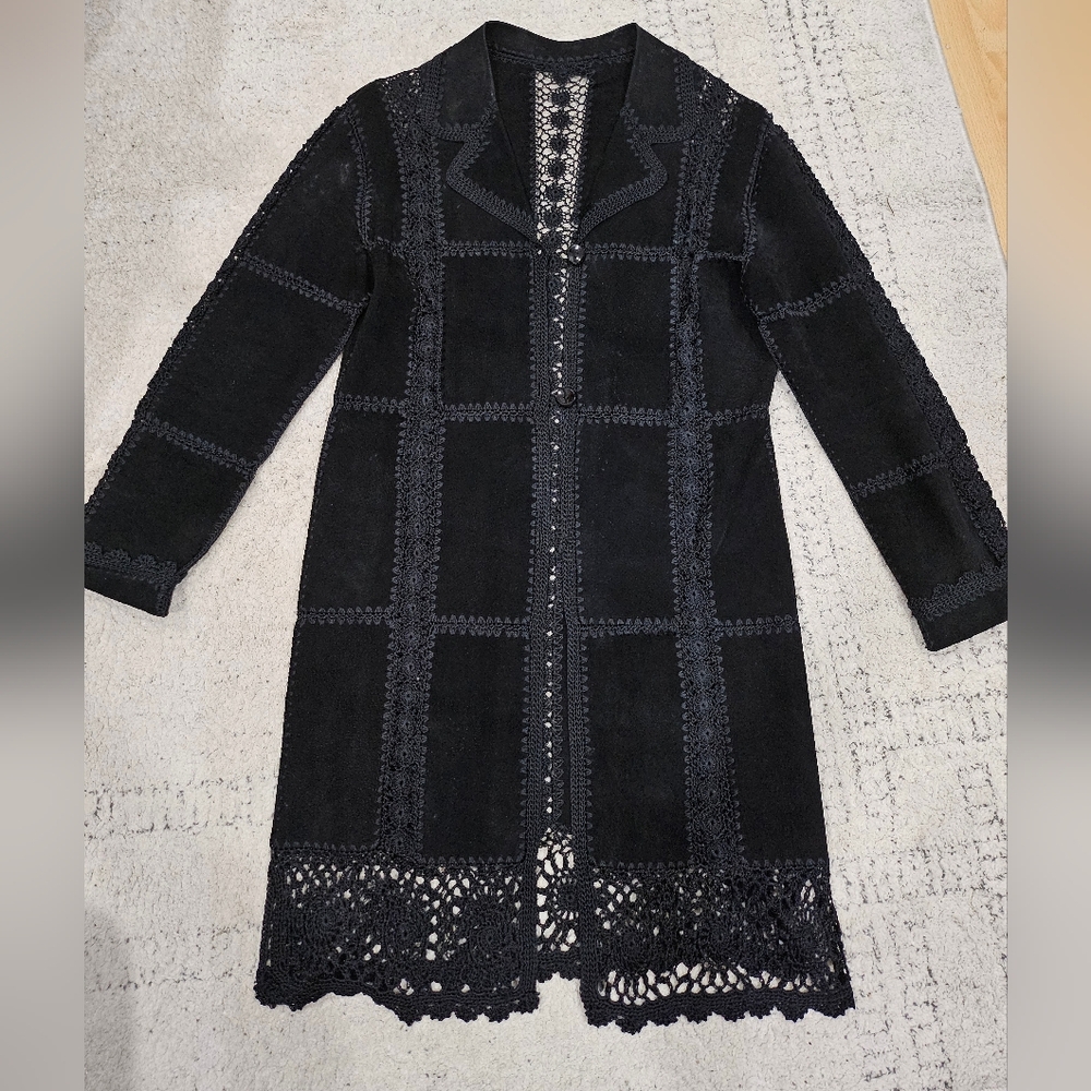 Vintage Suede/ Leather Long Coat With Embroidery